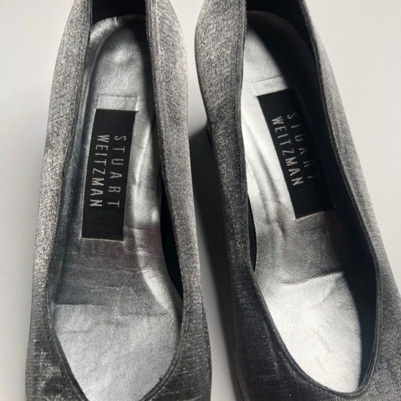 Stuart Weitzman Silver Metallic Fabric Heels #7B - Picture 6 of 12